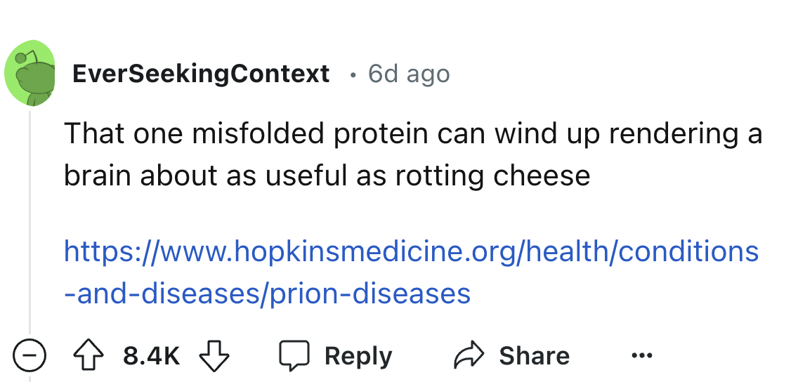 circle - EverSeekingContext 6d ago That one misfolded protein can wind up rendering a brain about as useful as rotting cheese anddiseasespriondiseases